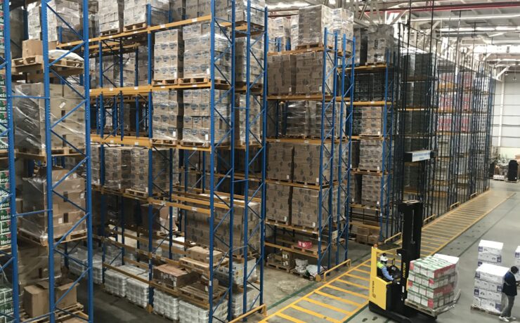 Racked pallet storage aisle in the FFS bonded and duty-paid warehouse at Tatu City